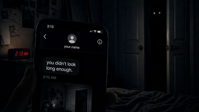 The image shows a dark, moody horror-style bedroom at night, with very low lighting and a tense, unsettling atmosphere. In the foreground, a hand is holding a smartphone displaying a creepy chat message, including “you didn’t look long enough” and a timestamp around 2:13 AM, reinforcing the feeling of a real-time threat.

In the background, an open door reveals a shadowy, human-like figure standing in the darkness with faint glowing eyes, suggesting something is watching from outside the room. The room itself looks slightly messy and dim, with barely visible walls and objects, adding to the isolation and fear.

At the top, large horror-style text reads “DELIVERED… BUT NOT SEEN,” with “SEEN” highlighted in red, making the image feel like a modern digital horror poster about being watched through your phone.