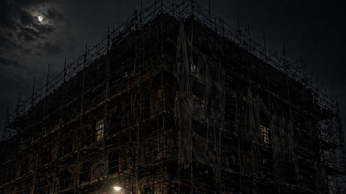 This is an image of a hazy construction site at night. 