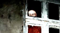 A figure with pale flaky skin is seen behind behind a white window frame peeking at the taker of the photo.